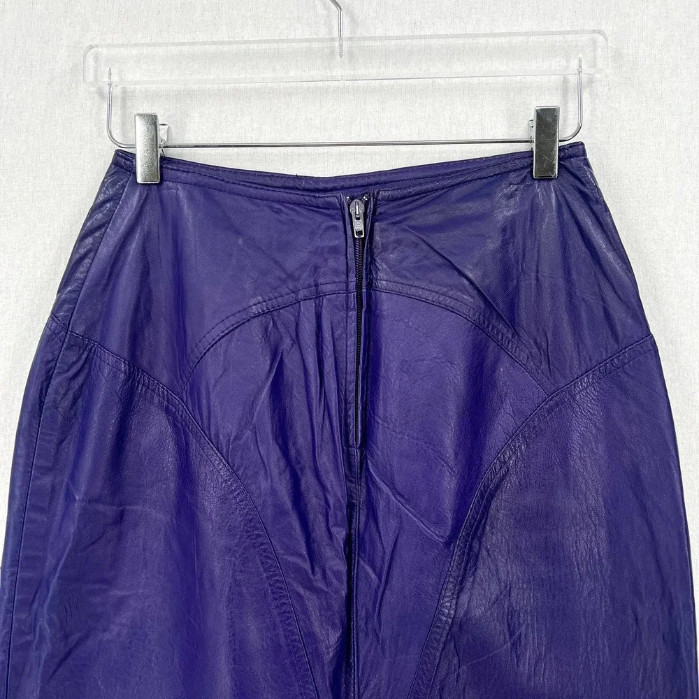 BAGATELLE Vintage 80’s Leather Pencil Skirt Womens 10 Purple Knee Length Pockets